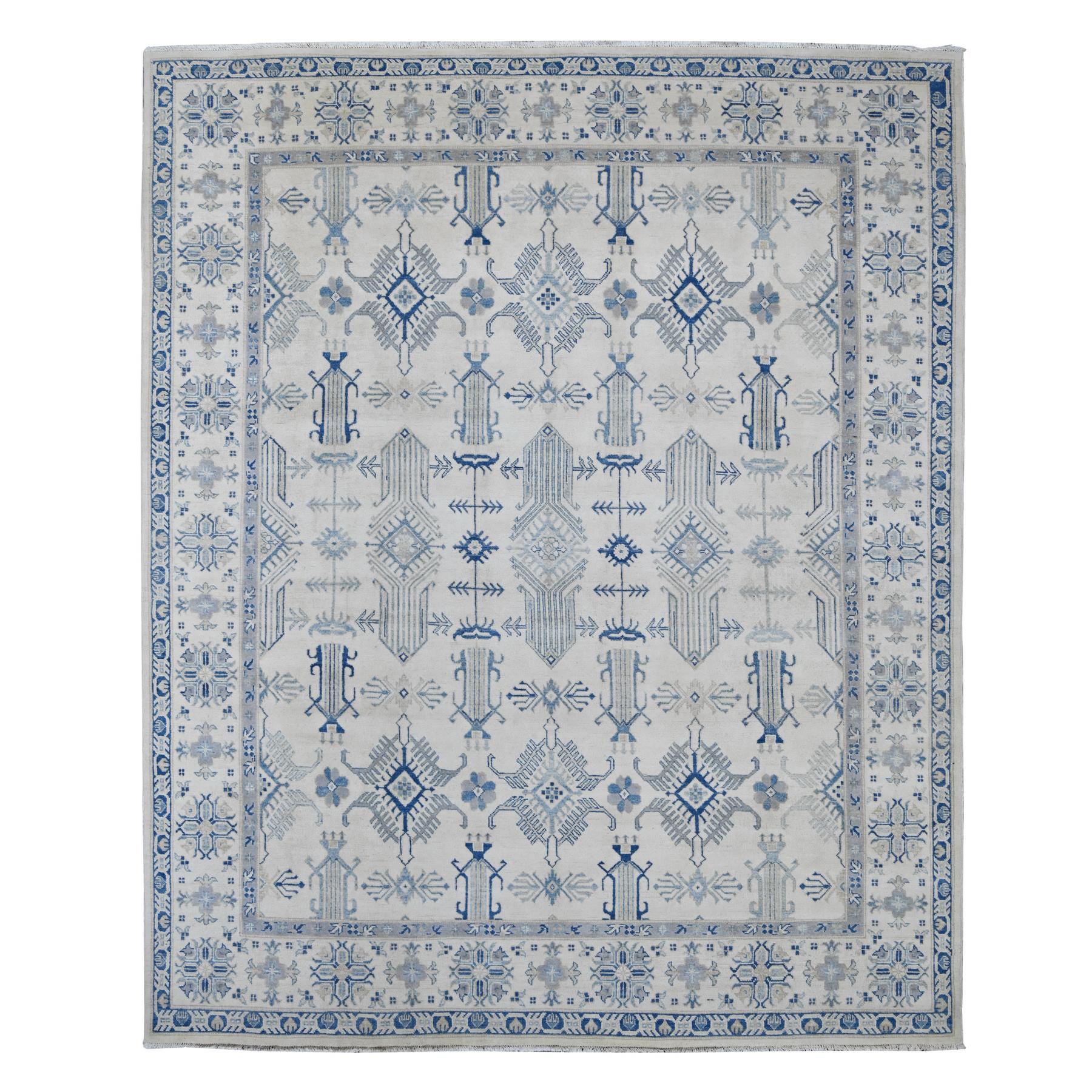 7'10"x9'9" Pearl White, Vintage Look Kazak with All Over Design, Hand Knotted, 100% Wool, Natural Dyes, Oriental Rug 
